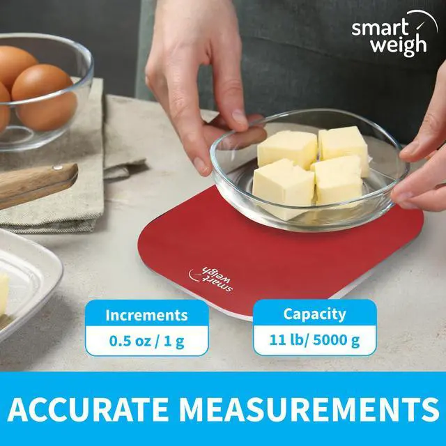 Alt view image 6 of 7 - Red Digital Kitchen Scale for Cooking, Weight Loss, Calorie Tracking, Baking, Food Portion Control, and Meal Prep - Accurate Measurements in Grams and Ounces