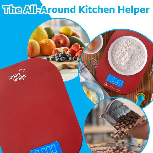 Alt view image 7 of 7 - Red Digital Kitchen Scale for Cooking, Weight Loss, Calorie Tracking, Baking, Food Portion Control, and Meal Prep - Accurate Measurements in Grams and Ounces