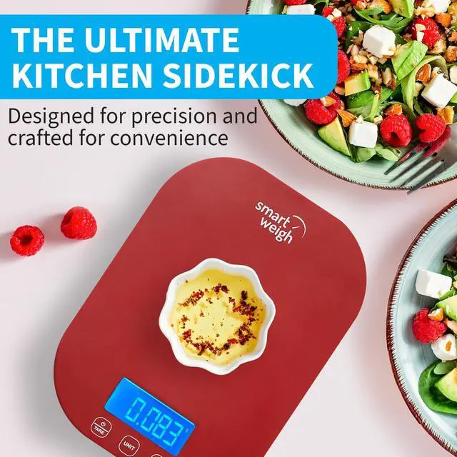 Alt view image 4 of 7 - Red Digital Kitchen Scale for Cooking, Weight Loss, Calorie Tracking, Baking, Food Portion Control, and Meal Prep - Accurate Measurements in Grams and Ounces