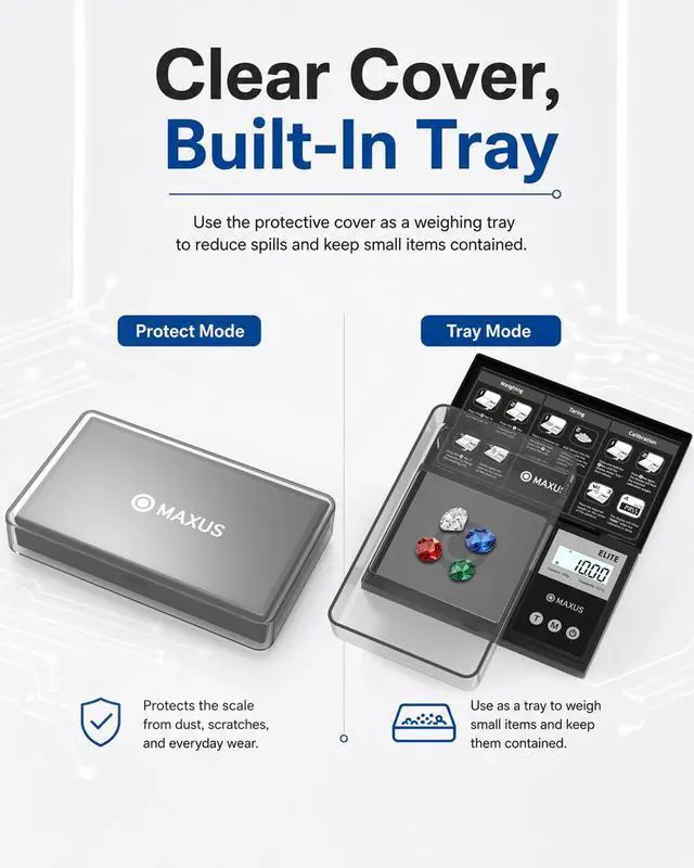 Alt view image 3 of 7 - Digital Pocket Gram Scale 500g x 0.01g High Precision with Tray, Weighs Small Food, Jewelry, Ounces, Grains, LCD Display, Tare Function