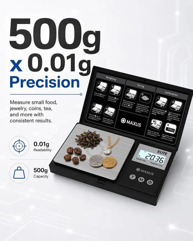 Alt view image 2 of 7 - Digital Pocket Gram Scale 500g x 0.01g High Precision with Tray, Weighs Small Food, Jewelry, Ounces, Grains, LCD Display, Tare Function
