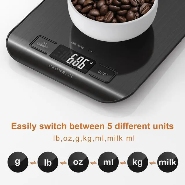 Alt view image 2 of 6 - Food Scale, 11 lb Digital Kitchen Scales with Built-in Coin Battery, Weight Ounces and Grams for Cooking and Baking, 6 Units with Tare Function, LCD Display, 304 Stainless Steel, Black