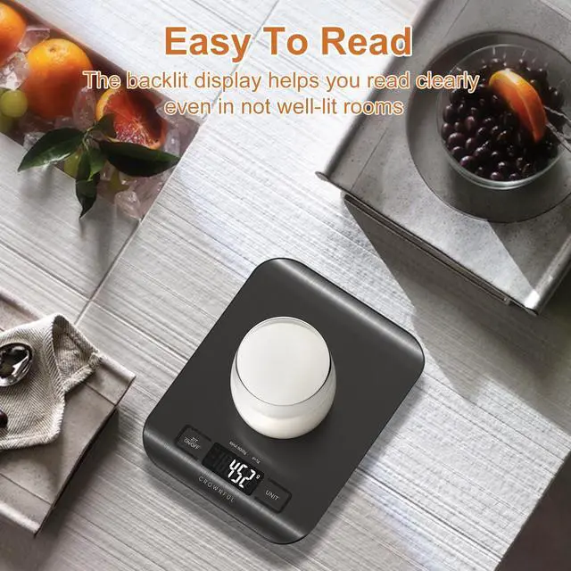 Alt view image 6 of 6 - Food Scale, 11 lb Digital Kitchen Scales with Built-in Coin Battery, Weight Ounces and Grams for Cooking and Baking, 6 Units with Tare Function, LCD Display, 304 Stainless Steel, Black
