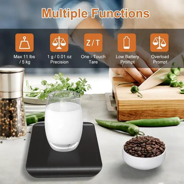 Alt view image 3 of 6 - Food Scale, 11 lb Digital Kitchen Scales with Built-in Coin Battery, Weight Ounces and Grams for Cooking and Baking, 6 Units with Tare Function, LCD Display, 304 Stainless Steel, Black