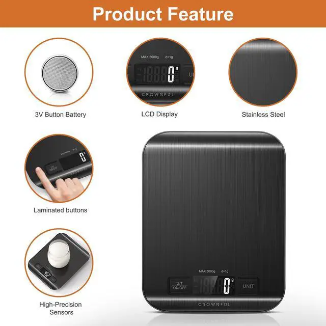 Alt view image 4 of 6 - Food Scale, 11 lb Digital Kitchen Scales with Built-in Coin Battery, Weight Ounces and Grams for Cooking and Baking, 6 Units with Tare Function, LCD Display, 304 Stainless Steel, Black