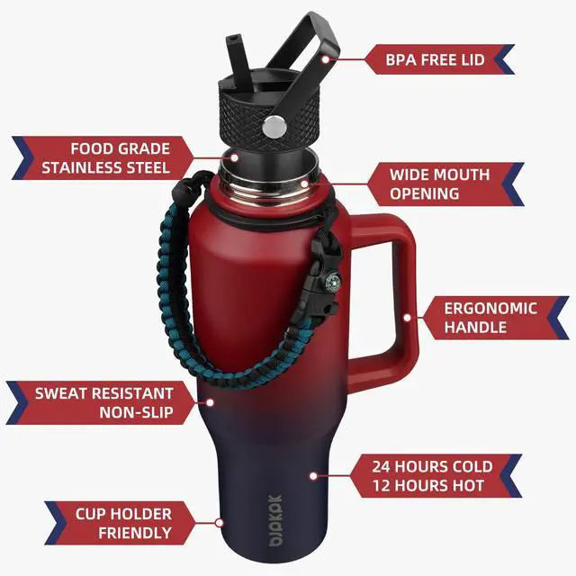 Alt view image 2 of 7 - Insulated Water Bottles with Straw Lid, 40oz Metal Water Bottle with 2 lids & Paracord Strap, Double Wall Stainless Steel Tumbler with Handle, Reusable Cups, Mugs, Thermo, Charming Red