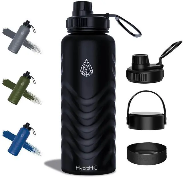 Main image of 24oz Stainless Steel Insulated Water Bottle, 48H Cold & 24H Hot, Leak-Proof Wide Mouth Lids (Straw & Spout), BPA-Free Bottles, Mens Water Bottle for Gym, Hiking, Travel - Black