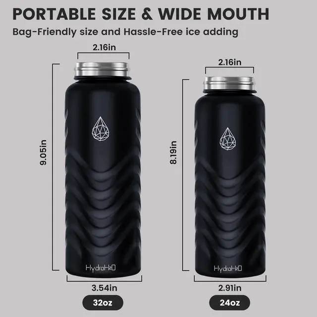 Alt view image 2 of 7 - 24oz Stainless Steel Insulated Water Bottle, 48H Cold & 24H Hot, Leak-Proof Wide Mouth Lids (Straw & Spout), BPA-Free Bottles, Mens Water Bottle for Gym, Hiking, Travel - Black