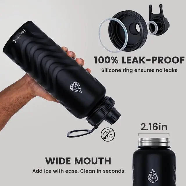 Alt view image 4 of 7 - 24oz Stainless Steel Insulated Water Bottle, 48H Cold & 24H Hot, Leak-Proof Wide Mouth Lids (Straw & Spout), BPA-Free Bottles, Mens Water Bottle for Gym, Hiking, Travel - Black
