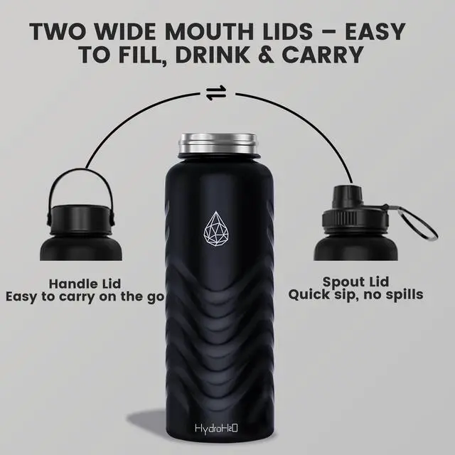 Alt view image 7 of 7 - 24oz Stainless Steel Insulated Water Bottle, 48H Cold & 24H Hot, Leak-Proof Wide Mouth Lids (Straw & Spout), BPA-Free Bottles, Mens Water Bottle for Gym, Hiking, Travel - Black