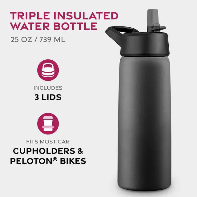 Alt view image 2 of 7 - 25 Oz Insulated Water Bottle with Straw - Triple Walled Stainless Steel Metal Bottle W/ 3 Leak Proof Lids - For Travel, School, Sports, Gym/Men, Women & Kids - Inky Raven Black