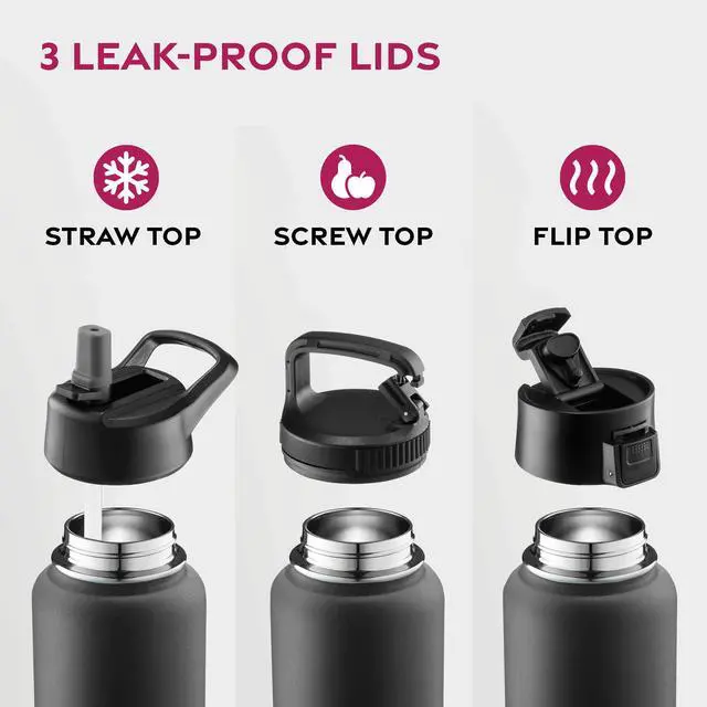 Alt view image 4 of 7 - 25 Oz Insulated Water Bottle with Straw - Triple Walled Stainless Steel Metal Bottle W/ 3 Leak Proof Lids - For Travel, School, Sports, Gym/Men, Women & Kids - Inky Raven Black
