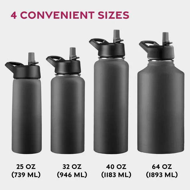 Alt view image 6 of 7 - 25 Oz Insulated Water Bottle with Straw - Triple Walled Stainless Steel Metal Bottle W/ 3 Leak Proof Lids - For Travel, School, Sports, Gym/Men, Women & Kids - Inky Raven Black