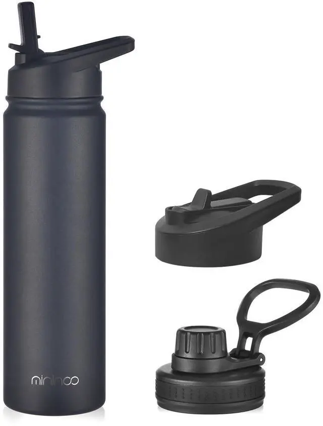 Main image of Insulated Stainless Steel Water Bottle with Straw and Lid for Sports, 24 oz, Black