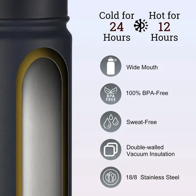 Alt view image 2 of 7 - Insulated Stainless Steel Water Bottle with Straw and Lid for Sports, 24 oz, Black