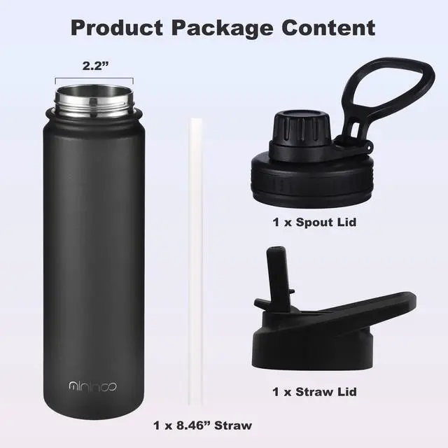 Alt view image 4 of 7 - Insulated Stainless Steel Water Bottle with Straw and Lid for Sports, 24 oz, Black