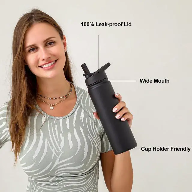 Alt view image 6 of 7 - Insulated Stainless Steel Water Bottle with Straw and Lid for Sports, 24 oz, Black