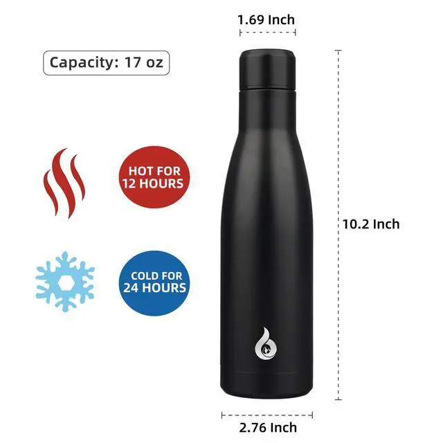 Alt view image 2 of 6 - Insulated Water Bottle 17oz Stainless Steel Water Bottles Dishwasher Safe Metal Thermal Keep Cold and Hot,Midnight Black