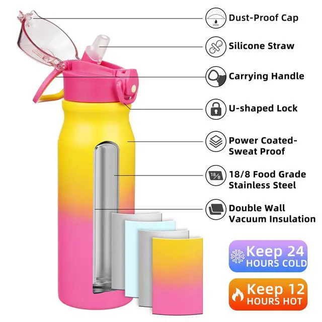 Alt view image 2 of 6 - 25oz Insulated Water Bottle with Straw Stainless Steel Double Wall Water Bottles BPA Free Leak Proof Thermal Flask with Lockable Flip Lid and Soft Silicone Spout,Rainbow