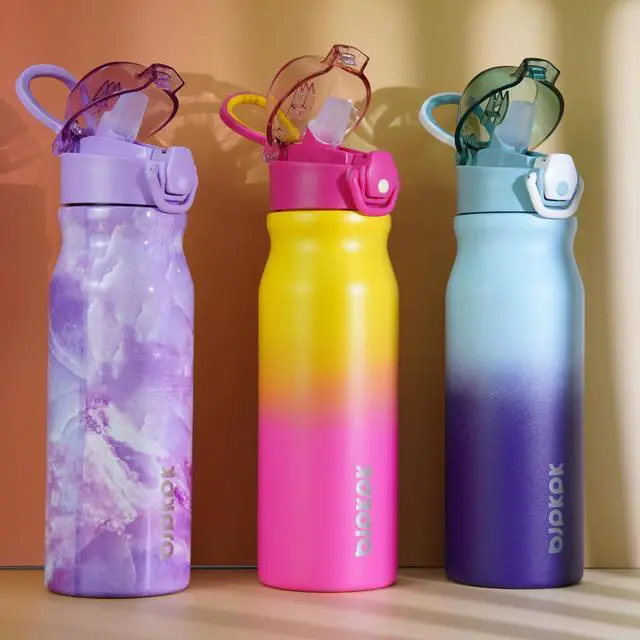 Alt view image 6 of 6 - 25oz Insulated Water Bottle with Straw Stainless Steel Double Wall Water Bottles BPA Free Leak Proof Thermal Flask with Lockable Flip Lid and Soft Silicone Spout,Rainbow