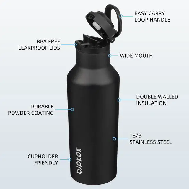 Alt view image 2 of 6 - Insulated Water Bottle With Straw 17oz Stainless Steel Water Bottles With 2 Lids And Carry Handle Reusable Travel Metal Thermal Flask,Black