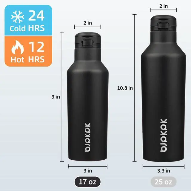 Alt view image 4 of 6 - Insulated Water Bottle With Straw 17oz Stainless Steel Water Bottles With 2 Lids And Carry Handle Reusable Travel Metal Thermal Flask,Black