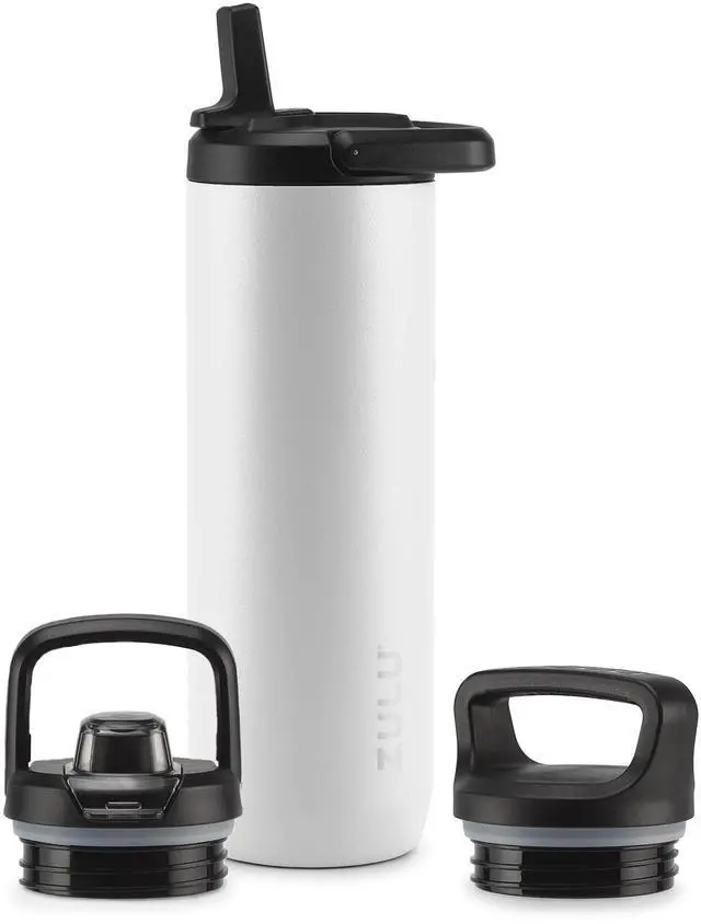 Main image of Base 24oz Stainless Steel Water Bottle with 3 Lids- Straw, Chug, Twist | Double Walled and Vacuum Insulated Metal Thermos | Fits Car Cupholder, Built in Carry Loop, Dishwasher Safe, White