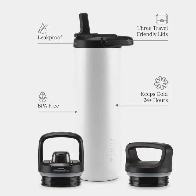 Alt view image 2 of 7 - Base 24oz Stainless Steel Water Bottle with 3 Lids- Straw, Chug, Twist | Double Walled and Vacuum Insulated Metal Thermos | Fits Car Cupholder, Built in Carry Loop, Dishwasher Safe, White