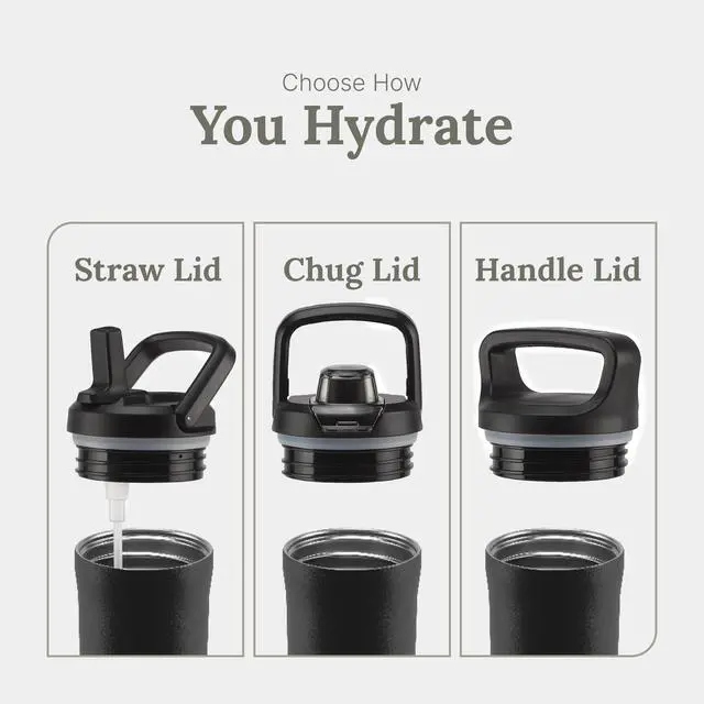 Alt view image 4 of 7 - Base 24oz Stainless Steel Water Bottle with 3 Lids- Straw, Chug, Twist | Double Walled and Vacuum Insulated Metal Thermos | Fits Car Cupholder, Built in Carry Loop, Dishwasher Safe, White