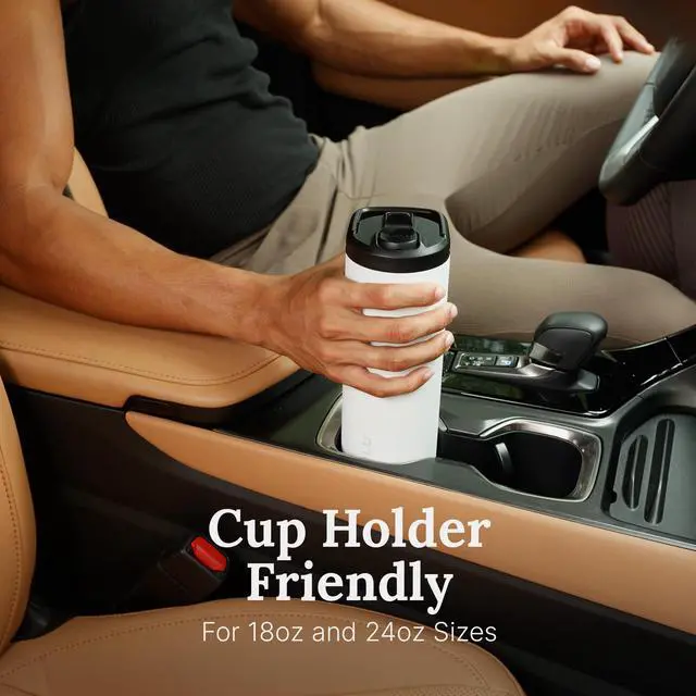 Alt view image 7 of 7 - Base 24oz Stainless Steel Water Bottle with 3 Lids- Straw, Chug, Twist | Double Walled and Vacuum Insulated Metal Thermos | Fits Car Cupholder, Built in Carry Loop, Dishwasher Safe, White
