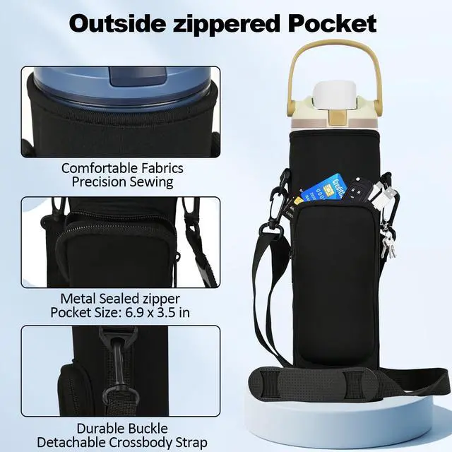 Alt view image 5 of 7 - Storage Sleeve Bag for Owala FreeSip Sway - Insulated Stainless Steel Water Bottle 40oz, Neoprene Water Bottle Pouch Holder Sleeve with Adjustable Shoulder Strap and Pocket (40oz, Black)