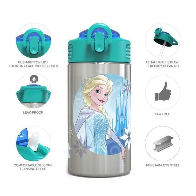 Alt view image 2 of 7 - Frozen 15.5oz Stainless Steel Kids Water Bottle with Flip-up Straw Spout - BPA Free Durable Design, Frozen Girl SS
