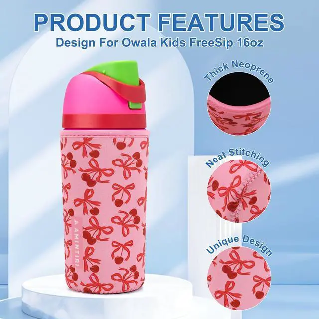 Alt view image 2 of 6 - Cute Sleeve for Owala Kids FreeSip 16oz, Thick Neoprene Cover Compatible with Owala 16oz, Water Bottle Scratch Resistant Sleeve for Boys Girls to School (Bow&Cherry, 16 Ounces)
