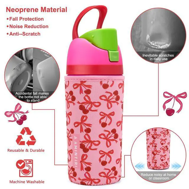 Alt view image 3 of 6 - Cute Sleeve for Owala Kids FreeSip 16oz, Thick Neoprene Cover Compatible with Owala 16oz, Water Bottle Scratch Resistant Sleeve for Boys Girls to School (Bow&Cherry, 16 Ounces)