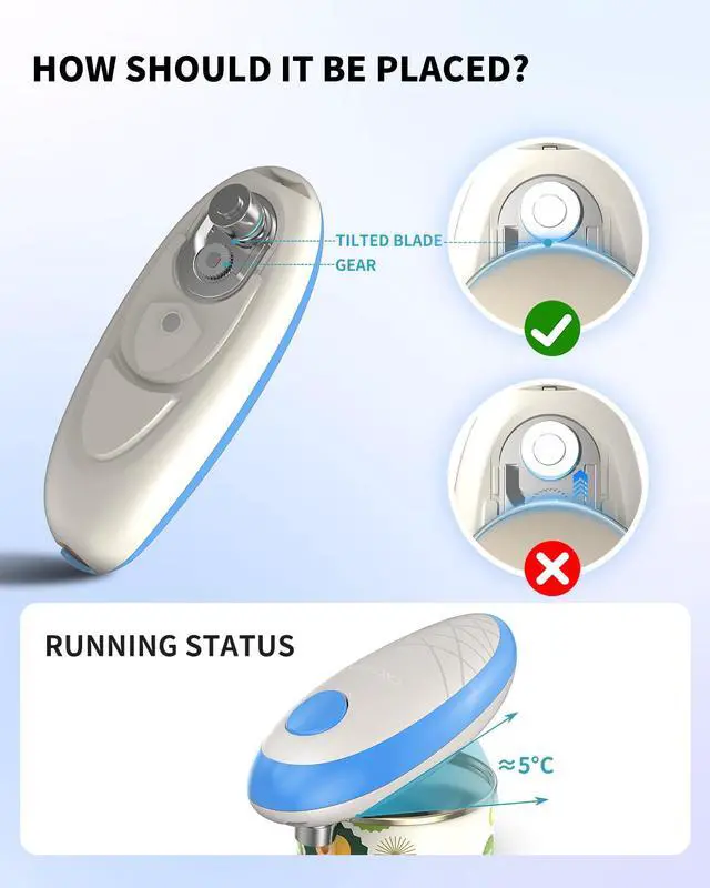 Alt view image 6 of 7 - Electric Can Opener, One-Touch Automatic Can Opening with Smooth Edges, Food Safety Handheld Battery-Operated Can Opener for Kitchen and Seniors, Blue
