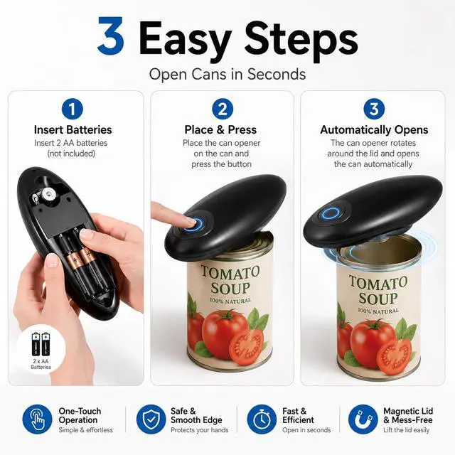 Alt view image 3 of 7 - Electric Can Opener, Hands Free One Touch Automatic Can Openers Fit Different Can Sizes and Shape with No Sharp Edges for Kitchen, Kitchen Gadgets for Senior with Arthritis (black)