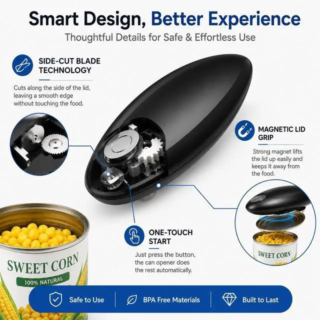 Alt view image 6 of 7 - Electric Can Opener, Hands Free One Touch Automatic Can Openers Fit Different Can Sizes and Shape with No Sharp Edges for Kitchen, Kitchen Gadgets for Senior with Arthritis (black)