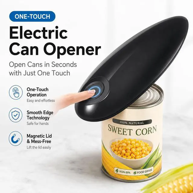 Alt view image 2 of 7 - Electric Can Opener, Hands Free One Touch Automatic Can Openers Fit Different Can Sizes and Shape with No Sharp Edges for Kitchen, Kitchen Gadgets for Senior with Arthritis (black)