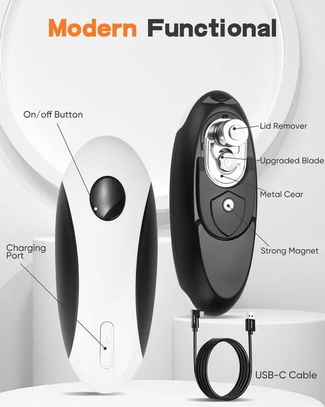 Alt view image 6 of 7 - Auto Electric Can Opener: Open Your Cans with A Simple Press of Button - Automatic, Hands Free, Smooth Edge, Food-Safe, Black and White