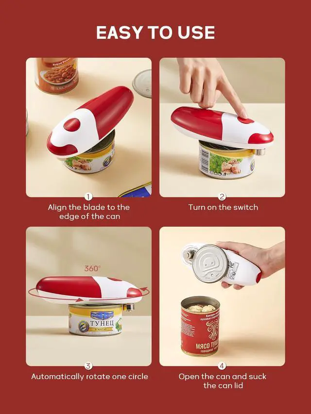 Alt view image 2 of 7 - Electric Can Opener, Battery Operated Can Opener Fits Alomost All Can Sizes, Simple One Touch-Operation, Automatic, Hand Free, Smooth Edge (battery not included), Red