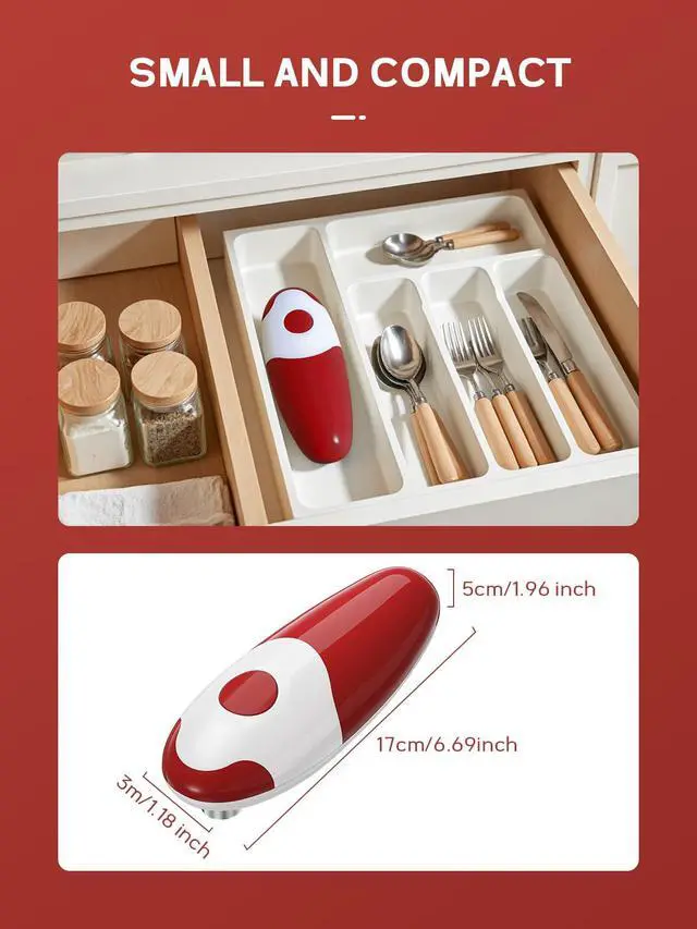 Alt view image 7 of 7 - Electric Can Opener, Battery Operated Can Opener Fits Alomost All Can Sizes, Simple One Touch-Operation, Automatic, Hand Free, Smooth Edge (battery not included), Red