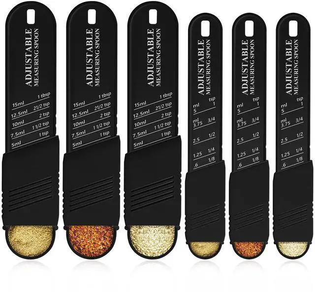 Main image of 6 Pcs Adjustable Measuring Spoon Plastic Tablespoon and Teaspoon Set Baking Cooking Spoon Set for Chef Measuring Metering Kitchen Dry Liquid Ingredients Powder, 2 Sizes(Black)
