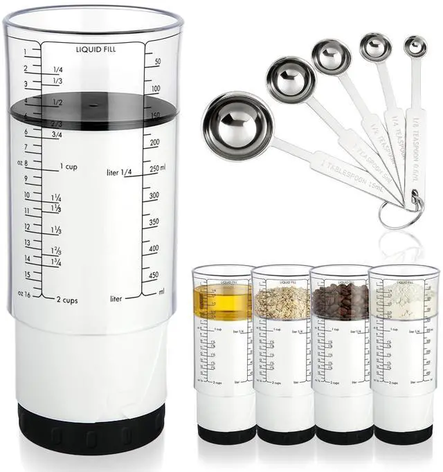 Main image of 6 Pcs Adjustable Measuring Cups Set Includes 2 Cup Push up Measuring Cup and 5 Measurings Spoon for Peanut Butter 4 in 1 Liquid Dry Semi Solid Ingredient Home Cooking Tool