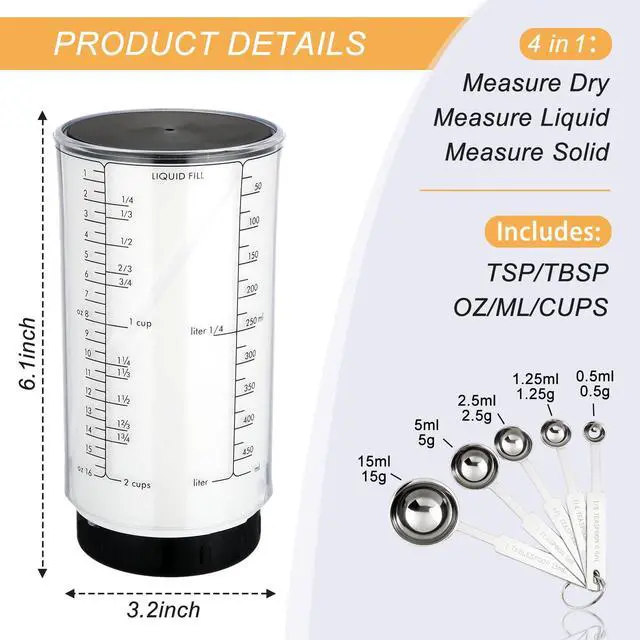 Alt view image 2 of 7 - 6 Pcs Adjustable Measuring Cups Set Includes 2 Cup Push up Measuring Cup and 5 Measurings Spoon for Peanut Butter 4 in 1 Liquid Dry Semi Solid Ingredient Home Cooking Tool