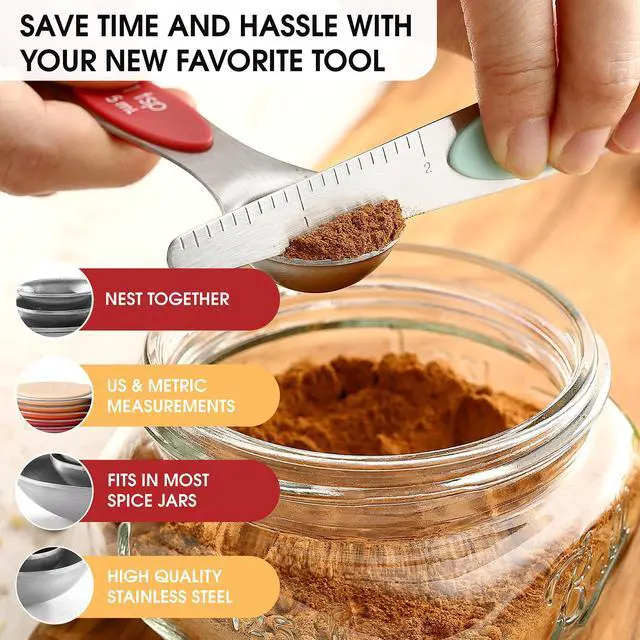Alt view image 5 of 7 - Stainless Steel Metal Magnetic Measuring Spoons Set of 8 with Leveler, Heavy Duty Nesting Teaspoon & Tablespoon Measuring Spoons, Kitchen Gadgets for Baking & Cooking - Desert Sunset