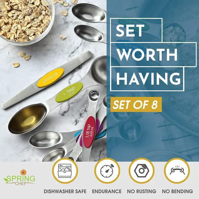 Alt view image 2 of 7 - Stainless Steel Magnetic Measuring Spoons Set with Strong Magnets, Heavy Duty Metal Kitchen Essentials - Fits in Most Kitchen Spice Jars, Multicolor, Set of 8 with Leveler