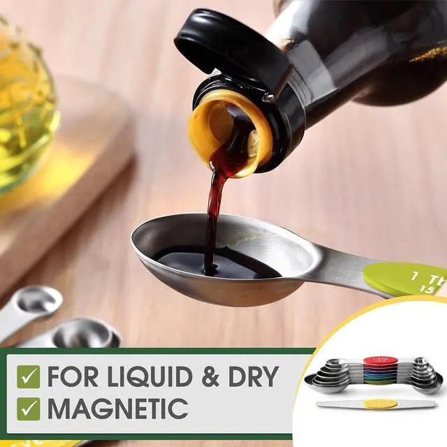 Alt view image 4 of 7 - Stainless Steel Magnetic Measuring Spoons Set with Strong Magnets, Heavy Duty Metal Kitchen Essentials - Fits in Most Kitchen Spice Jars, Multicolor, Set of 8 with Leveler