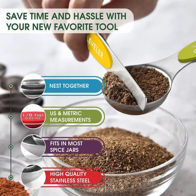 Alt view image 5 of 7 - Stainless Steel Magnetic Measuring Spoons Set with Strong Magnets, Heavy Duty Metal Kitchen Essentials - Fits in Most Kitchen Spice Jars, Multicolor, Set of 8 with Leveler