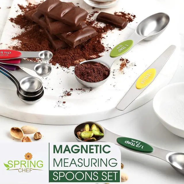 Alt view image 7 of 7 - Stainless Steel Magnetic Measuring Spoons Set with Strong Magnets, Heavy Duty Metal Kitchen Essentials - Fits in Most Kitchen Spice Jars, Multicolor, Set of 8 with Leveler