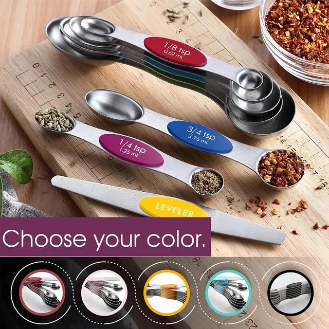 Alt view image 6 of 7 - Stainless Steel Magnetic Measuring Spoons Set with Strong Magnets, Heavy Duty Metal Kitchen Essentials - Fits in Most Kitchen Spice Jars, Multicolor, Set of 8 with Leveler